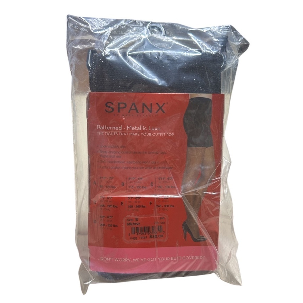 NEW Spanx Tight-End Tights Patterned-Metallic Luxe Size E Black/Silver